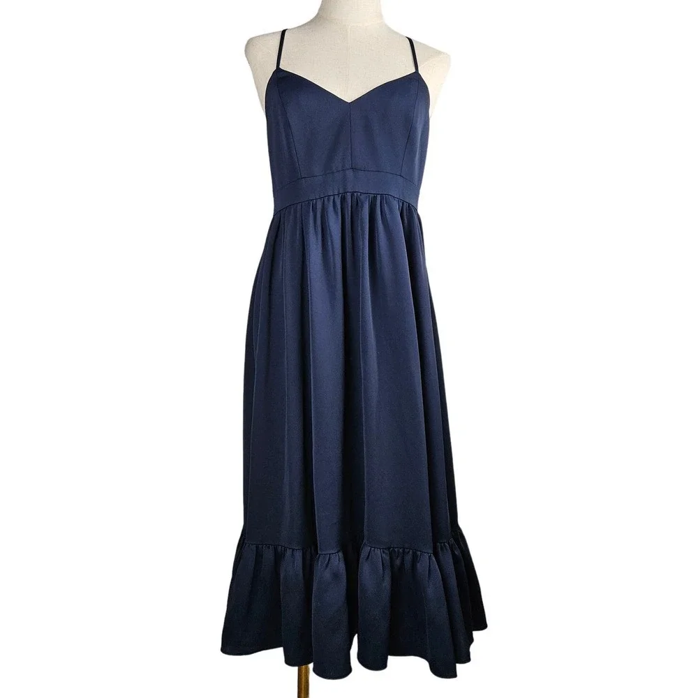 J.Crew Criss Cross Tie‎ Back Midi Dress 6 Navy Blue Ruffle Spaghetti Strap
